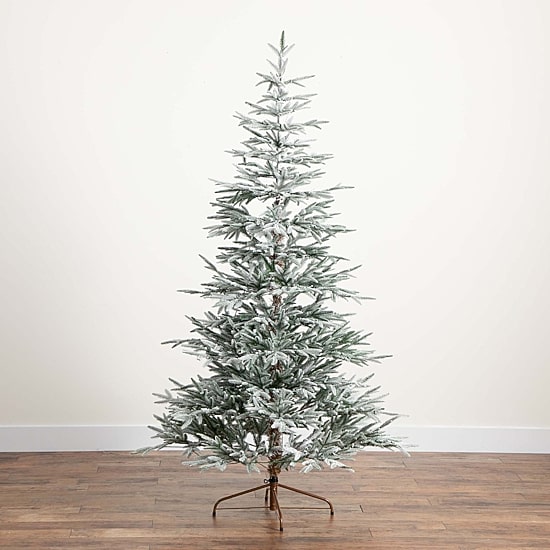 Nearly Natural Pre-Lit Artificial Flocked Woodland Fir  With 200 Warm White Led Lights 7 Foot Pre-Lit Flocked Fir Christmas Tree
