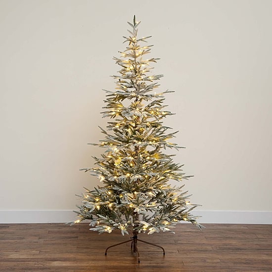 Nearly Natural Pre-Lit Artificial Flocked Woodland Fir  With 200 Warm White Led Lights 7 Foot Pre-Lit Flocked Fir Christmas Tree