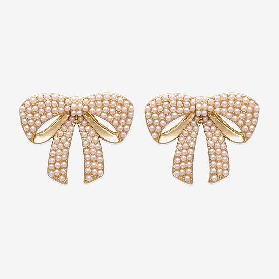 Bijoux Bar Gold Tone Womens White Simulated Pearl Bow Drop Earrings