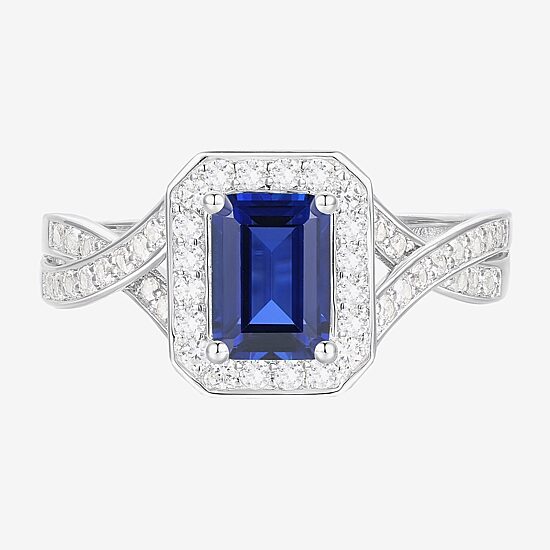 Yes Please! Womens Lab Created Blue Sapphire Sterling Silver Halo Side Stone Cocktail Ring