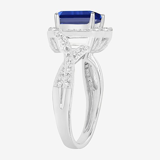 Yes Please! Womens Lab Created Blue Sapphire Sterling Silver Halo Side Stone Cocktail Ring