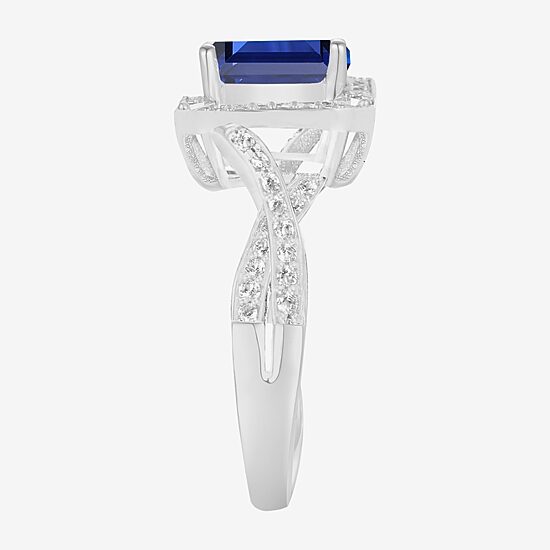 Yes Please! Womens Lab Created Blue Sapphire Sterling Silver Halo Side Stone Cocktail Ring