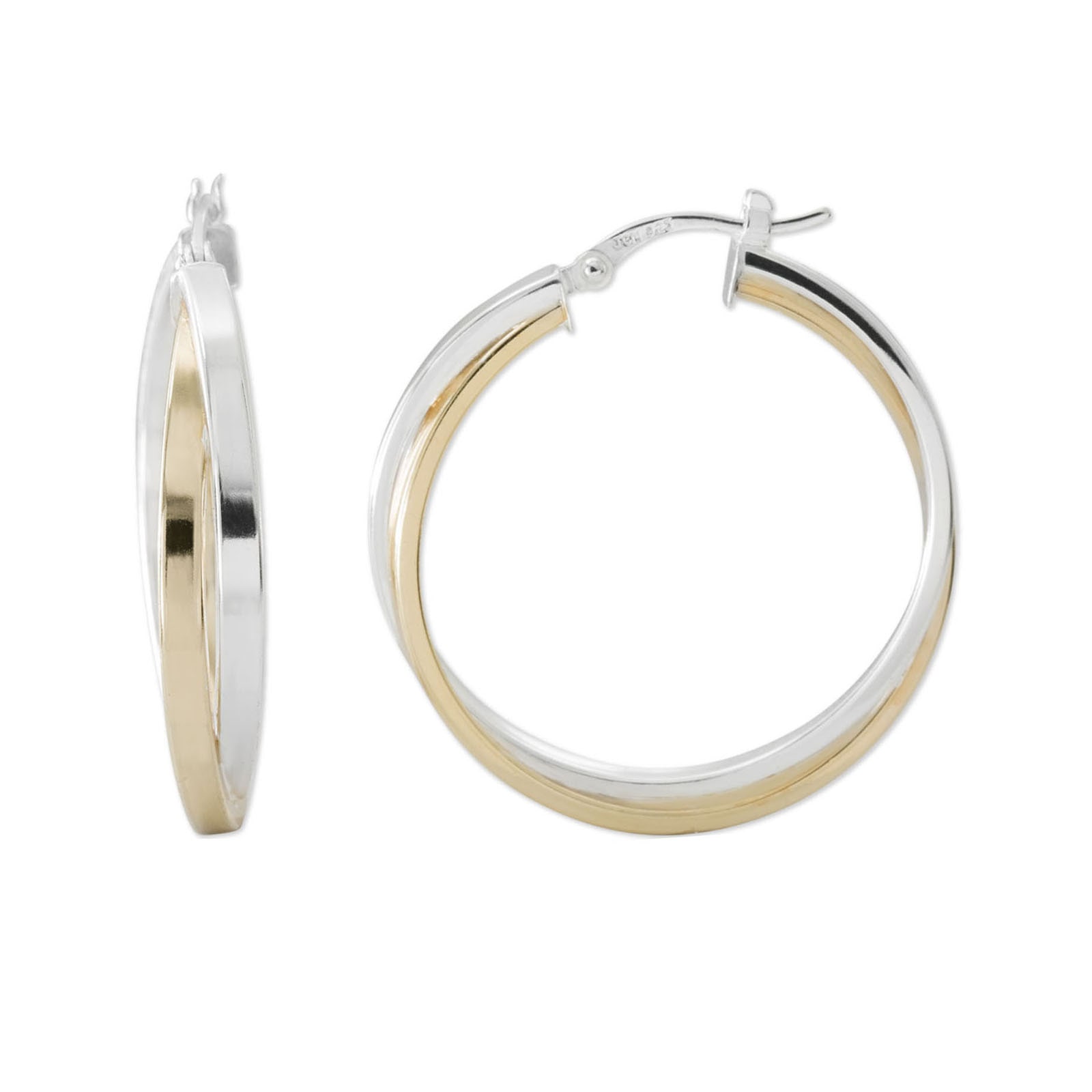 Two-Tone Sterling Silver 31.67mm Crossover Hoop Earrings