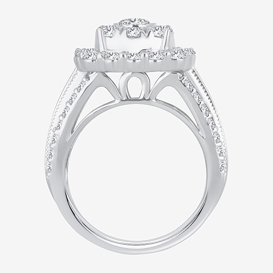 (I / Si1-Si2) Womens 3 CT. T.W. Lab Grown White Diamond 10K Gold Cushion Side Stone Halo Engagement Ring