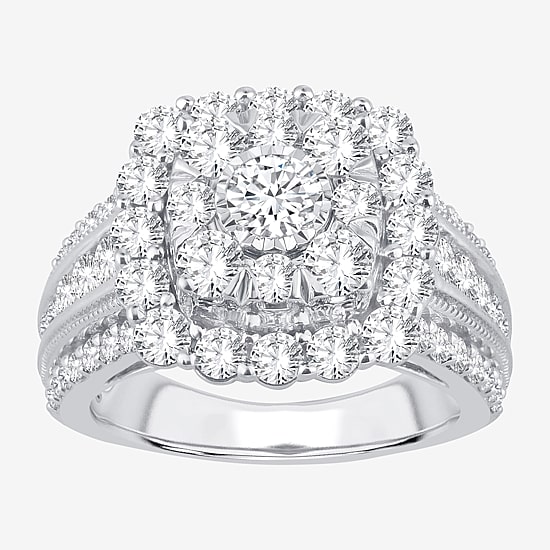 (I / Si1-Si2) Womens 3 CT. T.W. Lab Grown White Diamond 10K Gold Cushion Side Stone Halo Engagement Ring