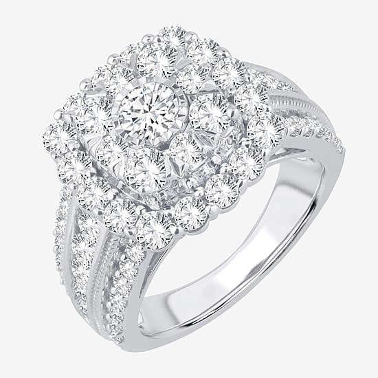 (I / Si1-Si2) Womens 3 CT. T.W. Lab Grown White Diamond 10K Gold Cushion Side Stone Halo Engagement Ring