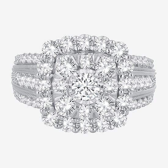 (I / Si1-Si2) Womens 3 CT. T.W. Lab Grown White Diamond 10K Gold Cushion Side Stone Halo Engagement Ring