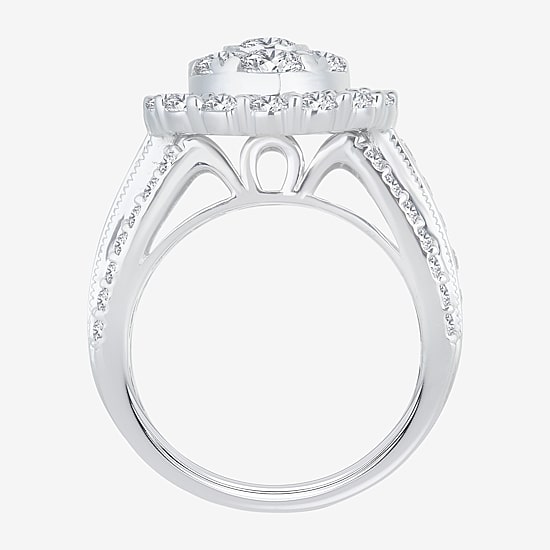 (I / Si1-Si2) Womens 3 CT. T.W. Lab Grown White Diamond 10K Gold Pear Side Stone Halo Engagement Ring