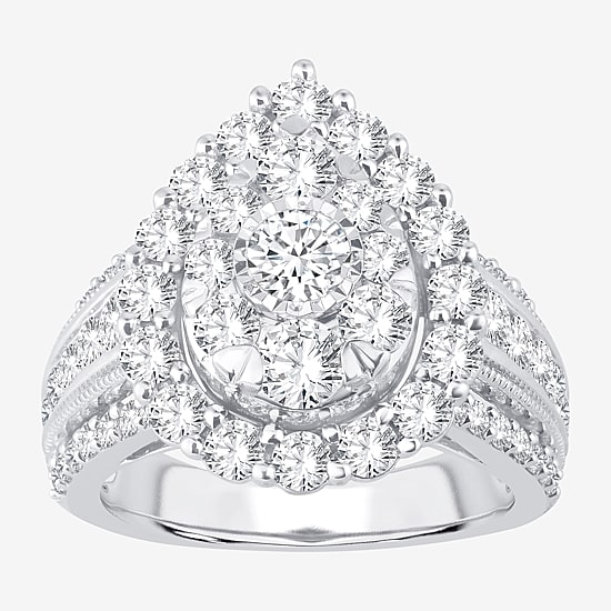 (I / Si1-Si2) Womens 3 CT. T.W. Lab Grown White Diamond 10K Gold Pear Side Stone Halo Engagement Ring