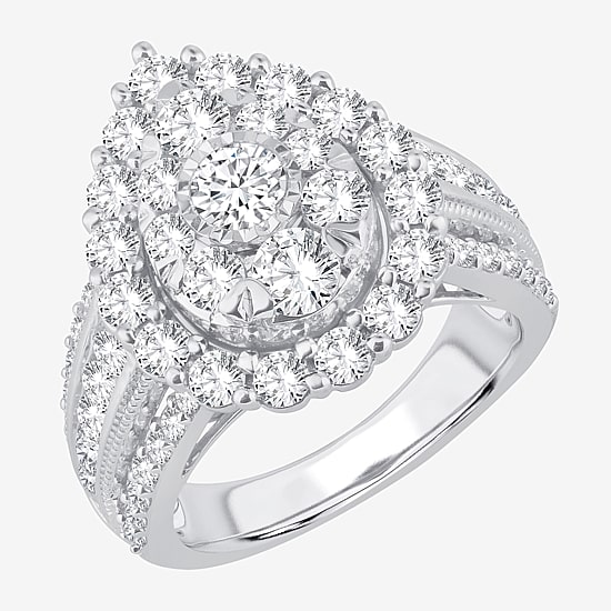(I / Si1-Si2) Womens 3 CT. T.W. Lab Grown White Diamond 10K Gold Pear Side Stone Halo Engagement Ring