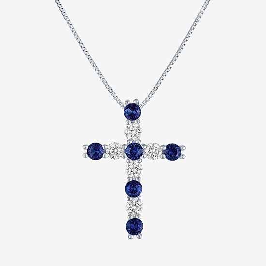 Womens Lab Created Blue Sapphire Sterling Silver Cross 18 Inch Pendant Necklace