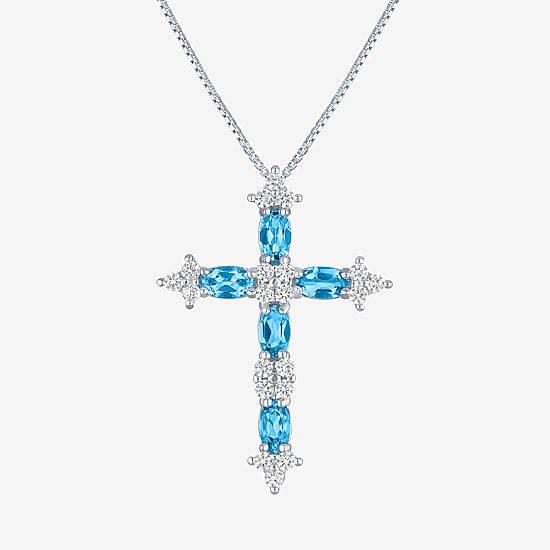 Womens Lab Created Blue Topaz Sterling Silver Cross 18 Inch Pendant Necklace