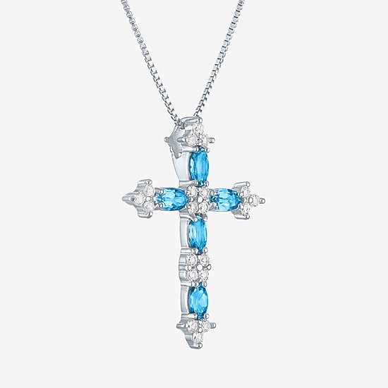 Womens Lab Created Blue Topaz Sterling Silver Cross 18 Inch Pendant Necklace