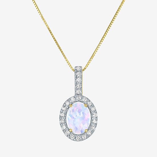 Womens Diamond Accent Lab Created White Opal 10K Gold Oval 18 Inch Pendant Necklace
