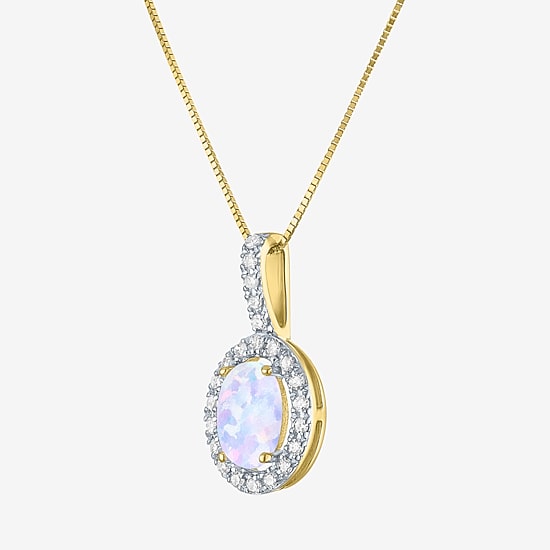 Womens Diamond Accent Lab Created White Opal 10K Gold Oval 18 Inch Pendant Necklace