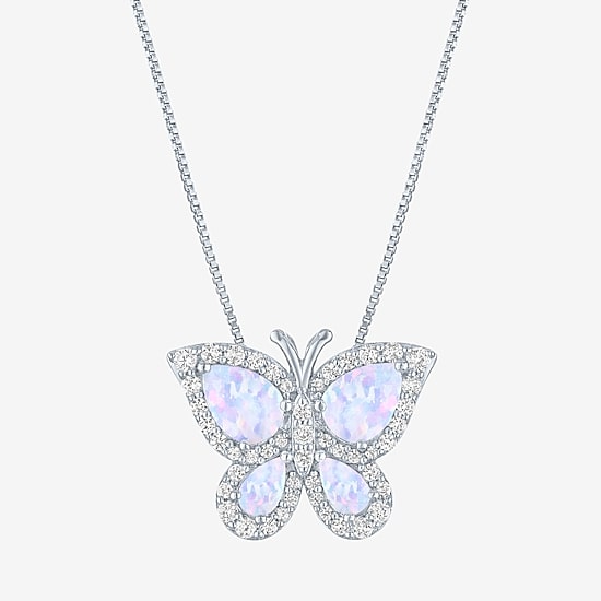 Womens Lab Created White Opal Sterling Silver Butterfly 18 Inch Pendant Necklace