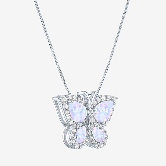 Womens Lab Created White Opal Sterling Silver Butterfly 18 Inch Pendant Necklace