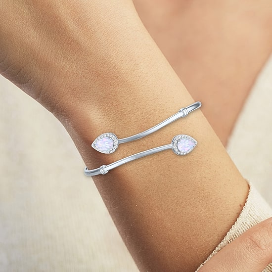 Womens Lab Created White Opal Sterling Silver Pear Bangle Bracelet
