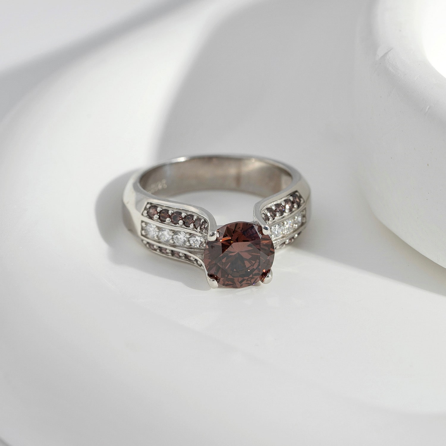 Diamonart Womens Brown Cubic Zirconia Sterling Silver Side Stone Engagement Ring