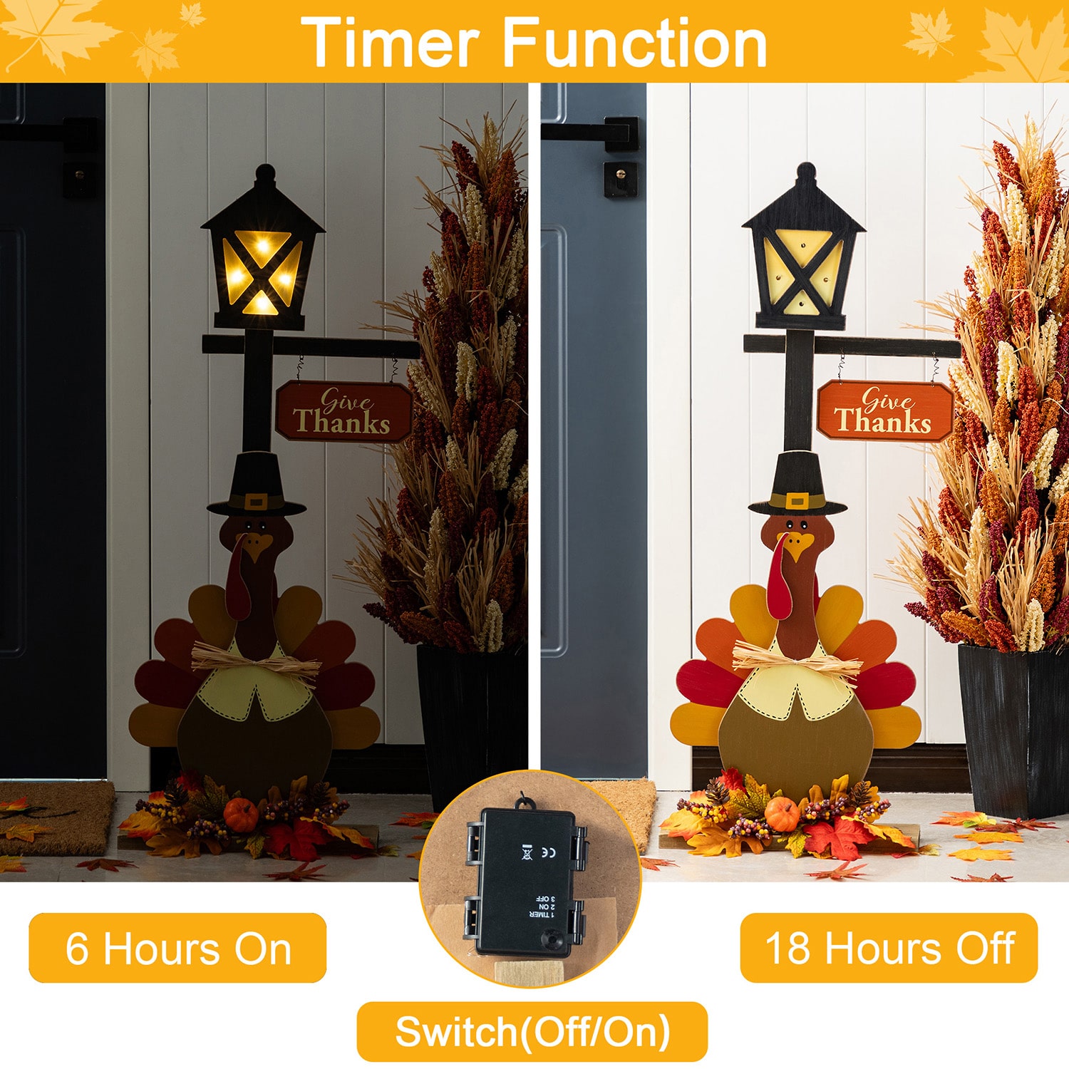 Glitzhome 36"H Thanksgiving Lighted Wooden Turkey Lamp Post Thanksgiving Porch Sign