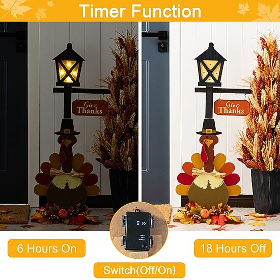 Glitzhome 36"H Thanksgiving Lighted Wooden Turkey Lamp Post Porch Sign