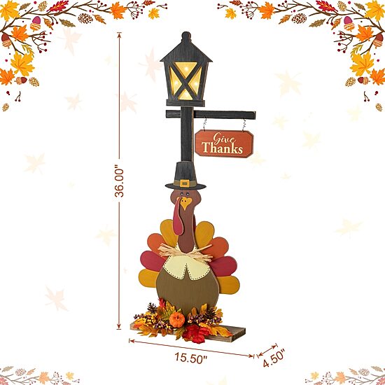 Glitzhome 36"H Thanksgiving Lighted Wooden Turkey Lamp Post Porch Sign