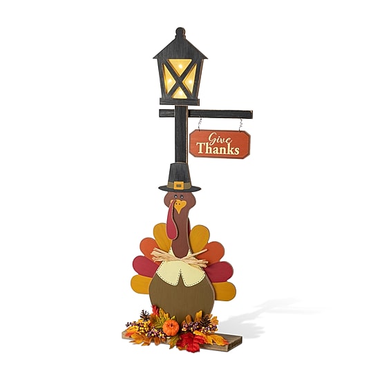 Glitzhome 36"H Thanksgiving Lighted Wooden Turkey Lamp Post Porch Sign