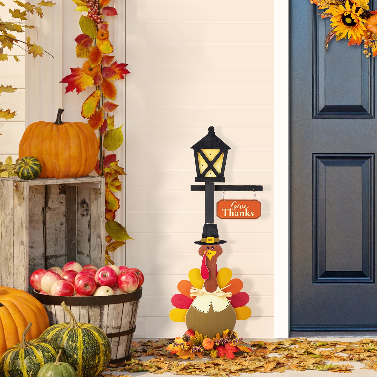 Glitzhome 36"H Thanksgiving Lighted Wooden Turkey Lamp Post Thanksgiving Porch Sign