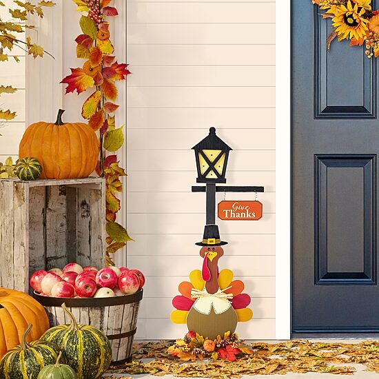 Glitzhome 36"H Thanksgiving Lighted Wooden Turkey Lamp Post Porch Sign