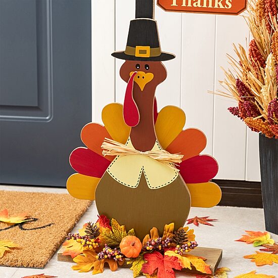 Glitzhome 36"H Thanksgiving Lighted Wooden Turkey Lamp Post Porch Sign