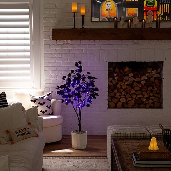 Nearly Natural 4ft Pre-Lit Black Eucalyptus Lighted Indoor Artificial Tree