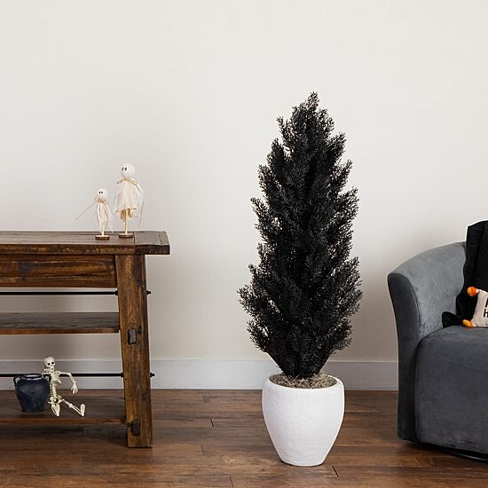 Nearly Natural Halloween Black Cedar Indoor Outdoor Artificial Tree