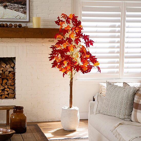 Nearly Natural 7ft Pre-Lit Autumn Weeping Maple Lighted Indoor Artificial Tree