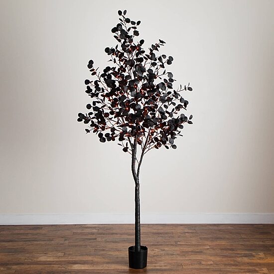 Nearly Natural 8ft Pre-Lit Black Eucalyptus Lighted Indoor Artificial Tree