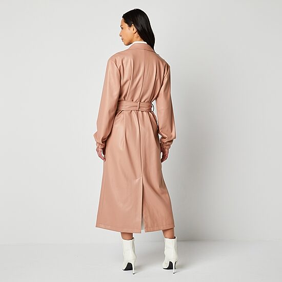 Worthington Womens Faux Leather Belted Midweight Coat