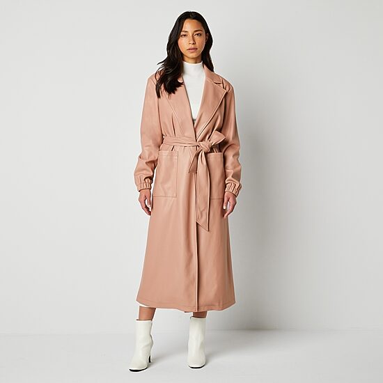 Worthington Womens Faux Leather Belted Midweight Coat