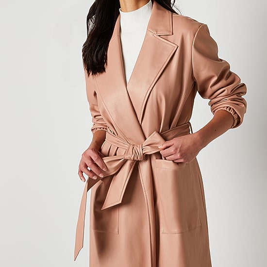 Worthington Womens Faux Leather Belted Midweight Coat