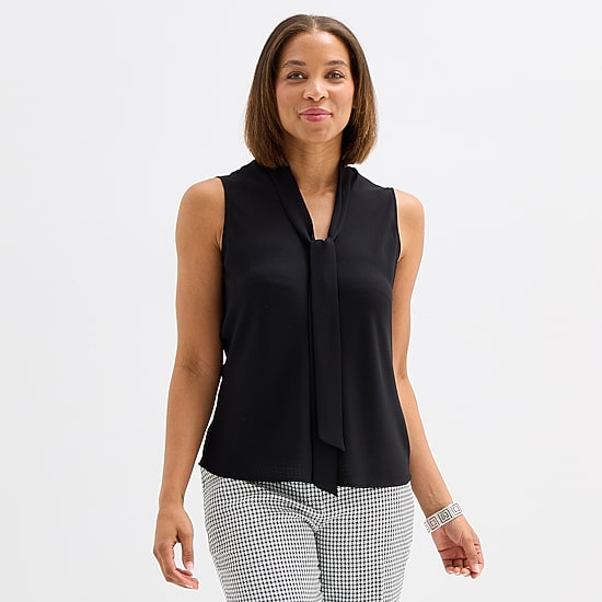 Black Label by Evan-Picone Womens Split Tie Neck Sleeveless Blouse