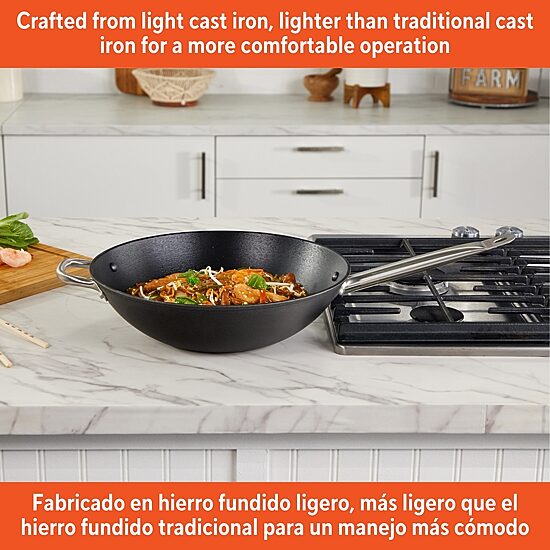 IMUSA Pre-Seasoned Light Cast Iron 14" Wok with Stainless Steel Handles