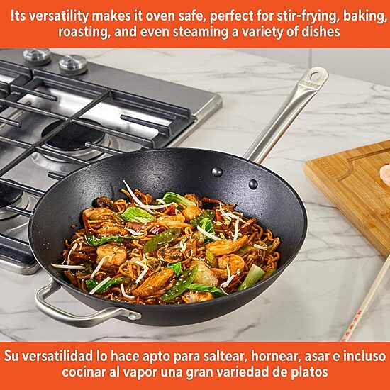 IMUSA Pre-Seasoned Light Cast Iron 14" Wok with Stainless Steel Handles