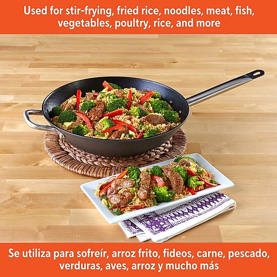 IMUSA Pre-Seasoned Light Cast Iron 14" Wok with Stainless Steel Handles