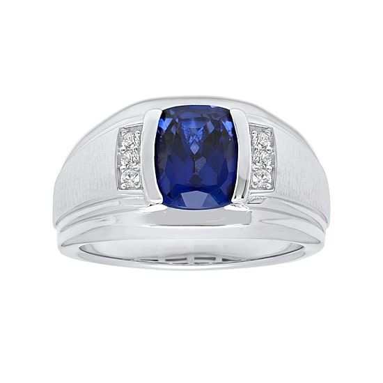 Mens Sterling Silver Lab Created Cushion Cut Blue Sapphire Ring