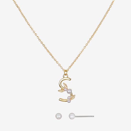 Bijoux Bar Delicates Floral Initial Womens Glass Simulated Pearl 2-pc. Jewelry Set