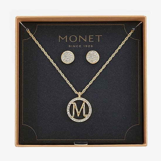 Monet Jewelry Initial Pendant Necklace And Stud Earring Womens Glass Round 2-pc. Jewelry Set