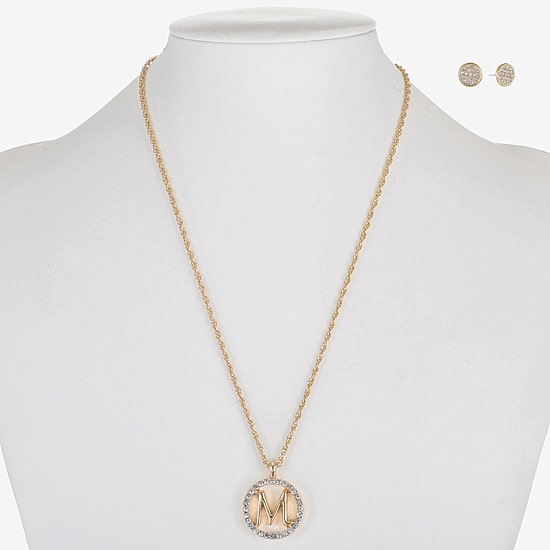 Monet Jewelry Initial Pendant Necklace And Stud Earring Womens Glass Round 2-pc. Jewelry Set