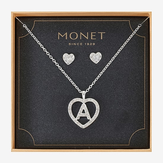 Monet Jewelry Initial Pendant Necklace And Stud Earring Womens Glass Heart 2-pc. Jewelry Set