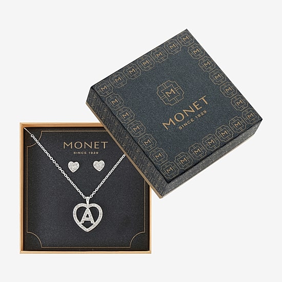 Monet Jewelry Initial Pendant Necklace And Stud Earring Womens Glass Heart 2-pc. Jewelry Set
