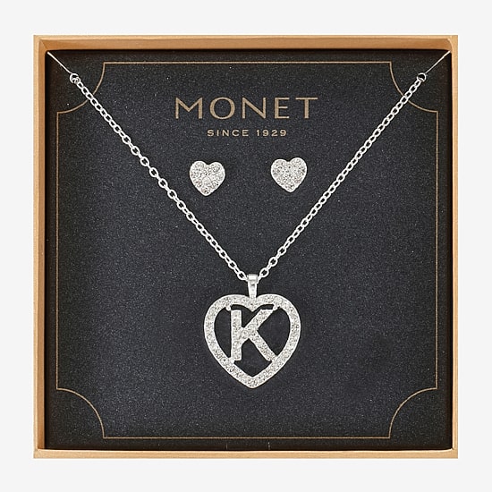 Monet Jewelry Initial Pendant Necklace And Stud Earring Womens Glass Heart 2-pc. Jewelry Set