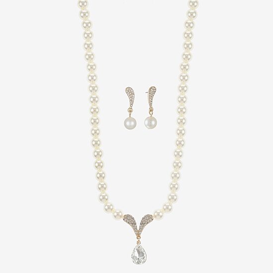 Monet Jewelry Collar Necklace And Drop Earring Womens Glass Simulated Pearl 2-pc. Jewelry Set