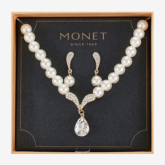 Monet Jewelry Collar Necklace And Drop Earring Womens Glass Simulated Pearl 2-pc. Jewelry Set